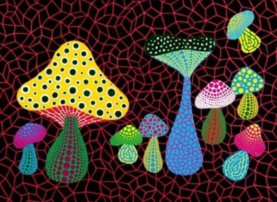 A painting of mushrooms by Yayoi Kusama